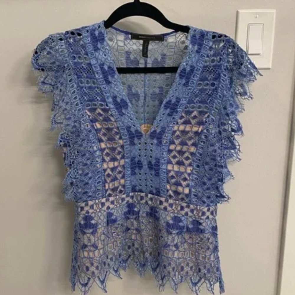 BCBG blue lace top with nude lining NWOT